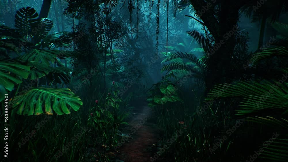 Tropical Rainforest Natural Night Landscape Track In Large Trees Plants Vibrance 3D Render Realistic Dense Jungle Pathway Palm Big Leaves Fern Exotic Plants Sunlight Canopy Background Flora Fauna