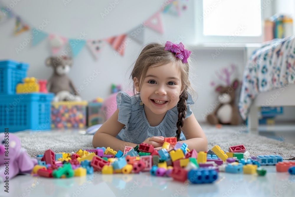 Fototapeta premium A young girl is laying on the floor surrounded by a pile of colorful blocks