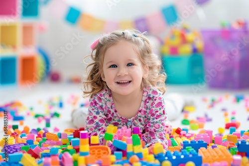 A young girl is laying on the floor surrounded by a pile of colorful blocks