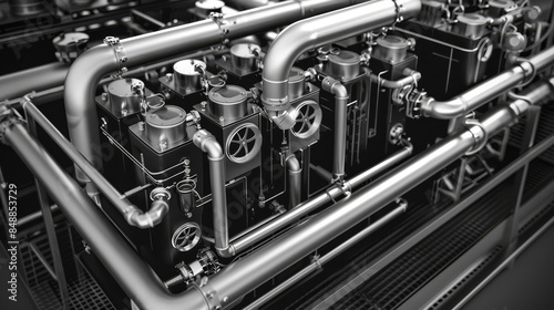 Geothermal efficiency, plant innovations, front view, showing advanced systems, futuristic tone, black and white photo