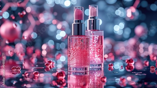 Futuristic Silver Cosmetic Bottles with Molecular Structures: Sleek, Modern Design in Silver, Pink, and Red Colors