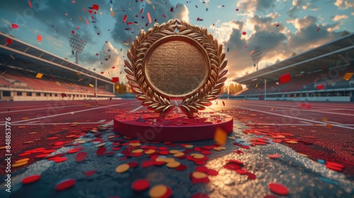 A podium with gold Olympic medal and laurel wreaths on open stadium photo