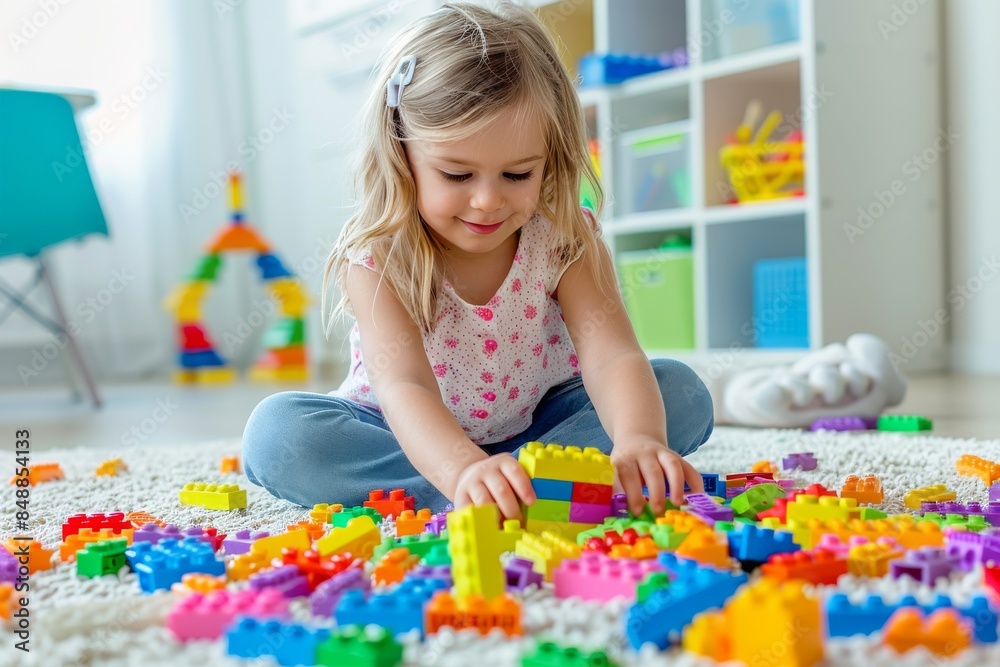 Fototapeta premium A young girl is laying on the floor surrounded by a pile of colorful
