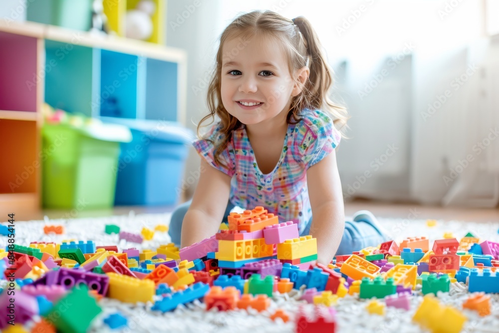 Fototapeta premium A young girl is laying on the floor surrounded by a pile of colorful