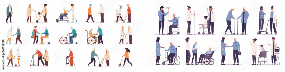 A splendid modern illustration depicting a volunteer society worker performing a wheelchair carer job as part of a social care service for disabled people.. A splendid modern illustration depicting a volunteer society worker performing a wheelchair carer job as part of a social care service for disabled people..