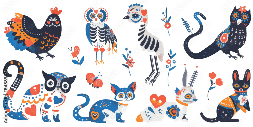 Dead animals from Mexico. Skeleton animal decoration for de muertos celebration. Mexican art skull of dogs, cats, lizards, ravens, and owls. Dead animals from Mexico. Skeleton animal decoration for de muertos celebration. Mexican art skull of dogs, cats, lizards, ravens, and owls.