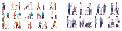 A splendid modern illustration depicting a volunteer society worker performing a wheelchair carer job as part of a social care service for disabled people..
