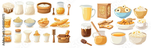 In this modern illustration you will see granola cereal grains with milk fruits, a scoop of ripeness wheat and a bowl of dry oats to eat for breakfast.