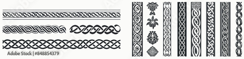 Border set of braids, religious knitted seamless ornaments, striped linear knitted decorative ropes modern graphics, intertwining lines.