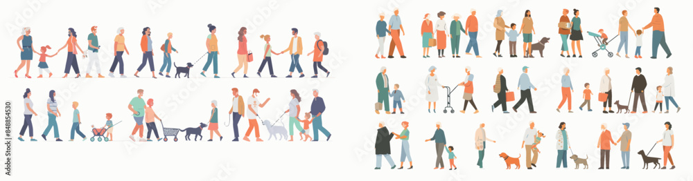 A family walks with a stroller, parents are walking with adult children and a dog, father is strolling an infant pram, and mother is strolling a simple child together, this illustration is swanky and A family walks with a stroller, parents are walking with adult children and a dog, father is strolling an infant pram, and mother is strolling a simple child together, this illustration is swanky and