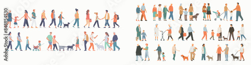 A family walks with a stroller, parents are walking with adult children and a dog, father is strolling an infant pram, and mother is strolling a simple child together, this illustration is swanky and