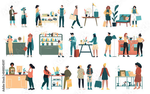 People selling used clothes and antique furniture at flea markets, garage sales used items at outdoor markets, seller-shopper fashion bazaars, cool modern illustrations.