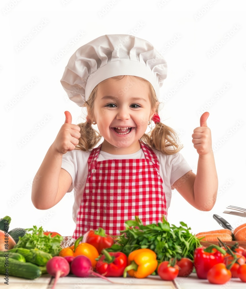 A young girl wearing a chef's hat is giving a thumbs up to a plate of vegetables A young girl wearing a chef's hat is giving a thumbs up to a plate of vegetables