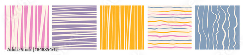 Hand drawn artistic irregular stripes, hatching square backgrounds set, collection. Uneven streaks, doodle strips, bars, wavy lines, waves, pinstripes patterns. Colorful brush drawn striped templates.