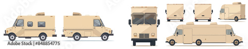 A mockup of a food truck with a side profile and a rear back view, with a delivery or catering vehicle, a minibus, and a van bus with an overhead mobile kitchen.