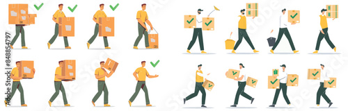 Safety ergonomic posture of back for carry or push heavy goods. Manual correctly incorrect lifting loads infographics splendid modern illustration..