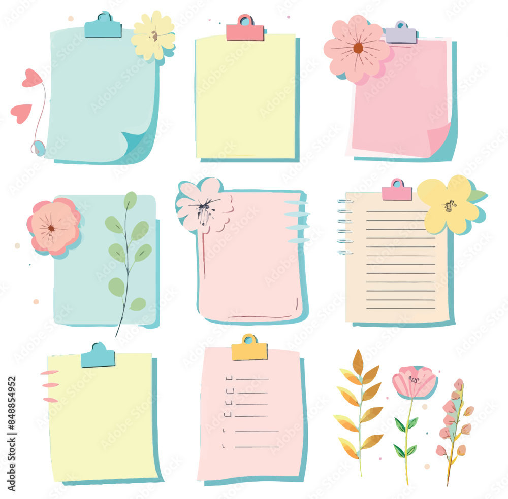 Notepad scraps, isolated stickers with coloured outlines, school notebook paper list, noticeboard label, clipboard stickers with paperclips. Notepad scraps, isolated stickers with coloured outlines, school notebook paper list, noticeboard label, clipboard stickers with paperclips.