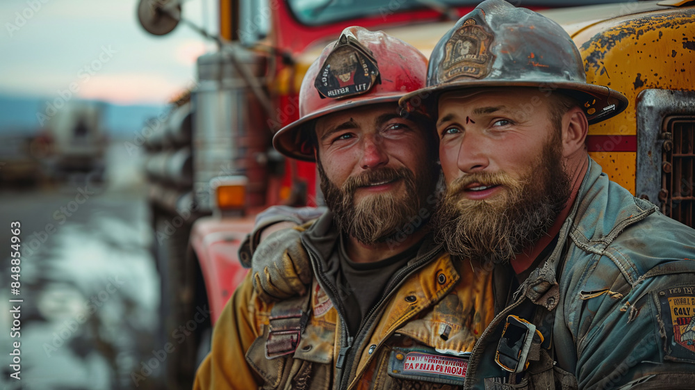 two big very obese chubby firefighter with a short beard hugging and kissing,generative ai two big very obese chubby firefighter with a short beard hugging and kissing,generative ai