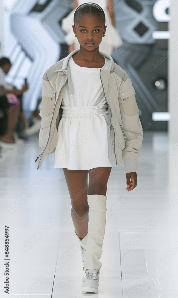 A young girl is walking down a runway wearing a white dress and white boots A young girl is walking down a runway wearing a white dress and white boots