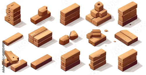 A Jenga game illustrated in a neat modern style. Balanced towers are constructed from wood blocks stacked together. Puzzle games of dangerous choice of wood bricks to succeed..