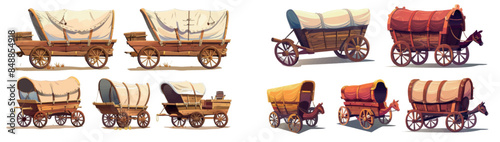 Ingenious modern illustration depicting wooden wagons, roofed tent wagons, farm handicraft vehicles, old cartoon carts or western wheelbarrows, cowboy carts from the wild west, cowboy carriages,