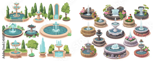 Decorative cartoon fountains. Garden ornaments, fountain with water jet or cascade bowl waterfalls.