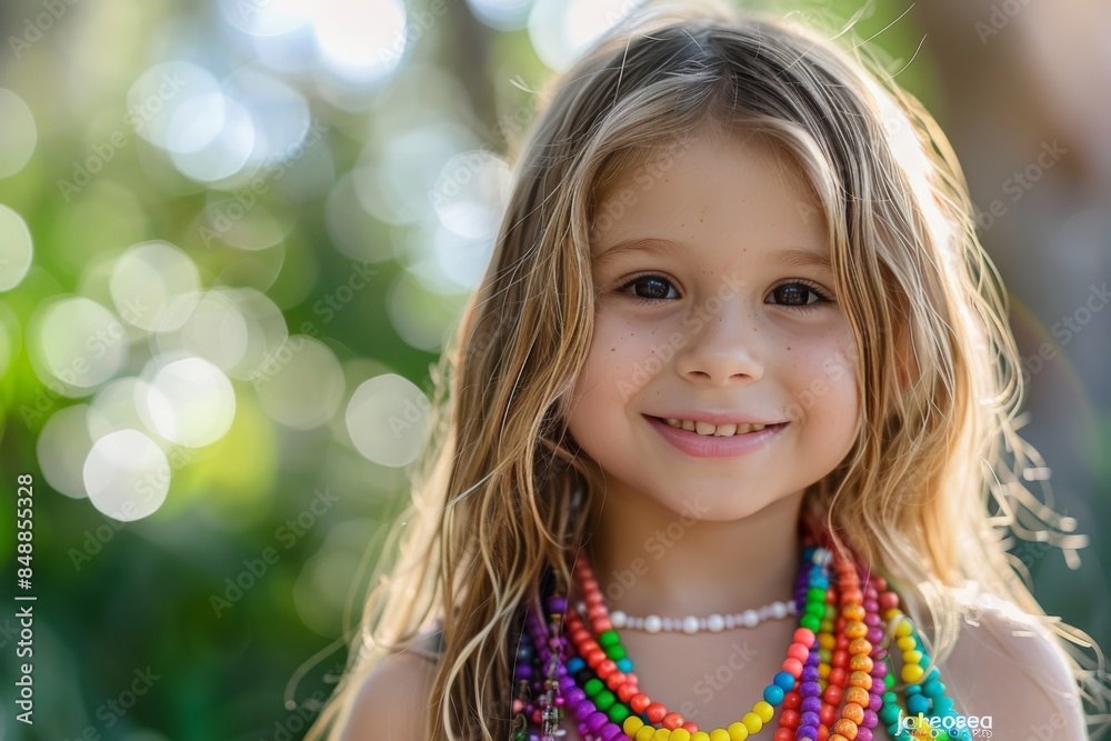 A young girl with long blonde hair is wearing a colorful necklace and smiling A young girl with long blonde hair is wearing a colorful necklace and smiling