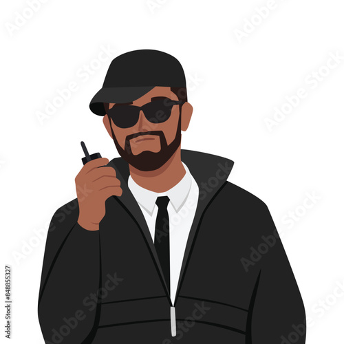 Man bodyguard use walkie talkie to inform security service about arrival of guest. Flat vector illustration isolated on white background