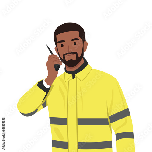 Young Bearded Security Guard Using Walkie talkie Radio wearing yellow raincoat. Flat vector illustration isolated on white background