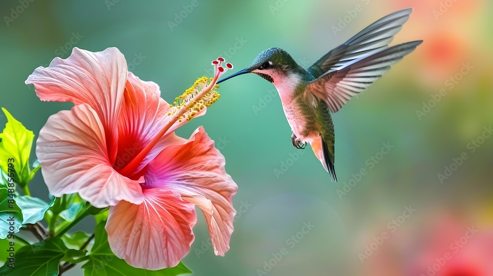 Hummingbird Hovering Over Hibiscus Flower Hummingbird Hovering Over Hibiscus Flower