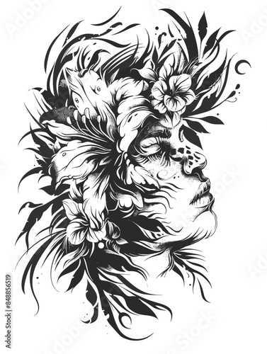 A woman's face is covered in flowers and leaves. The flowers are black and white, and the leaves are green. Scene is whimsical and playful