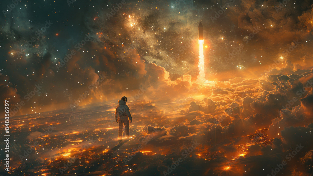 Fototapeta premium business man on a rocket, realistic, big city background.generative ai