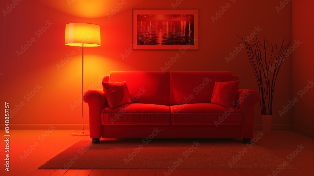 Interior of living room with glowing stand lamp and red sofa Interior of living room with glowing stand lamp and red sofa
