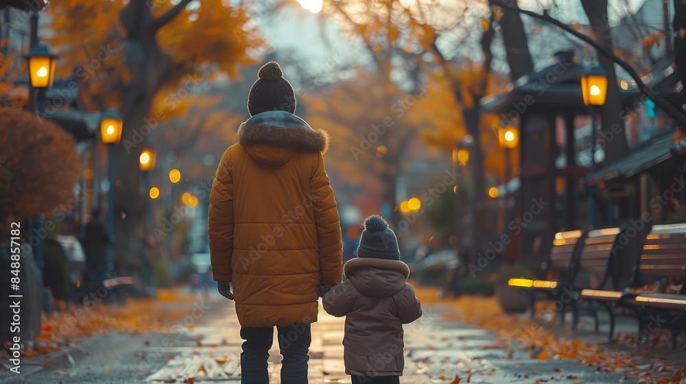 Obraz premium Parent and Child Walking Through a Park at Sunset