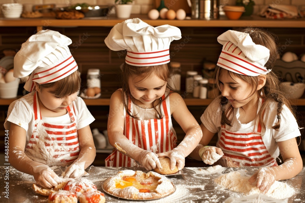 Three young children are wearing chef hats and aprons, and are making cookies Three young children are wearing chef hats and aprons, and are making cookies