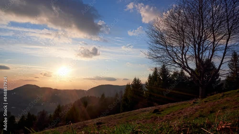 The setting sun bathes a mountainous landscape highlighting a solitary tree on a grassy hill. FHD The setting sun bathes a mountainous landscape highlighting a solitary tree on a grassy hill. FHD