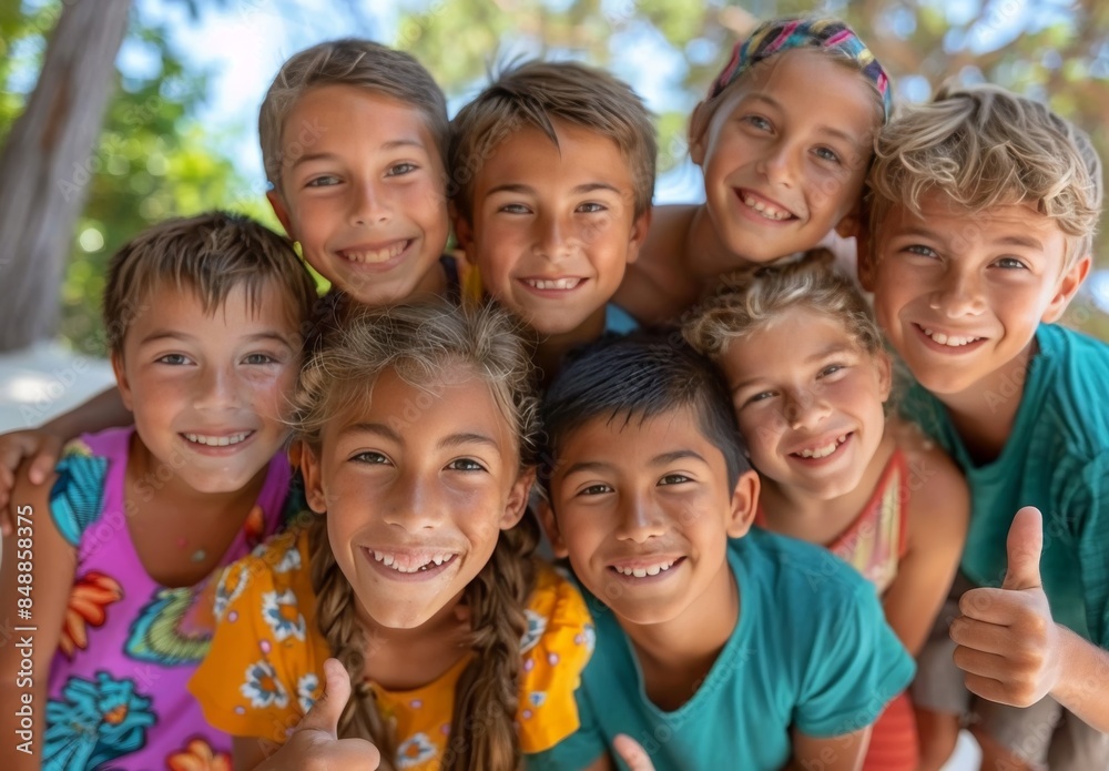 A group of children are smiling and giving thumbs up A group of children are smiling and giving thumbs up