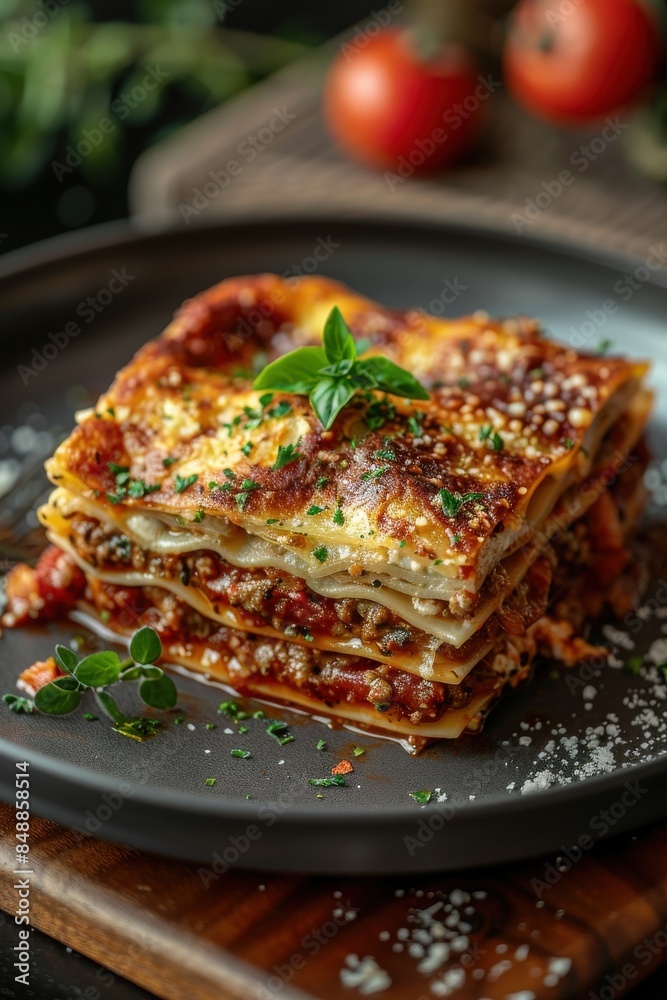 A plate of lasagna with basil and pepper on top A plate of lasagna with basil and pepper on top