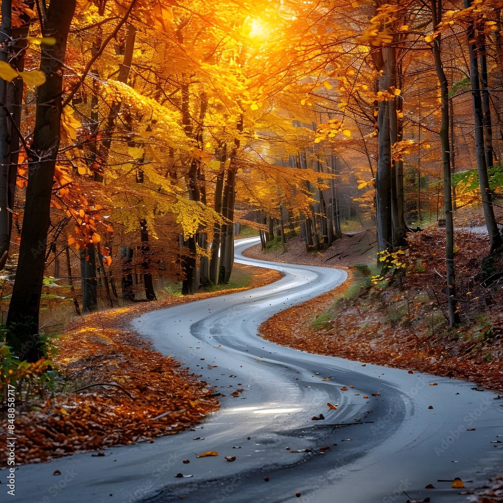 Obraz premium Winding Autumn Road Through Vibrant Forest Landscape with Colorful Foliage