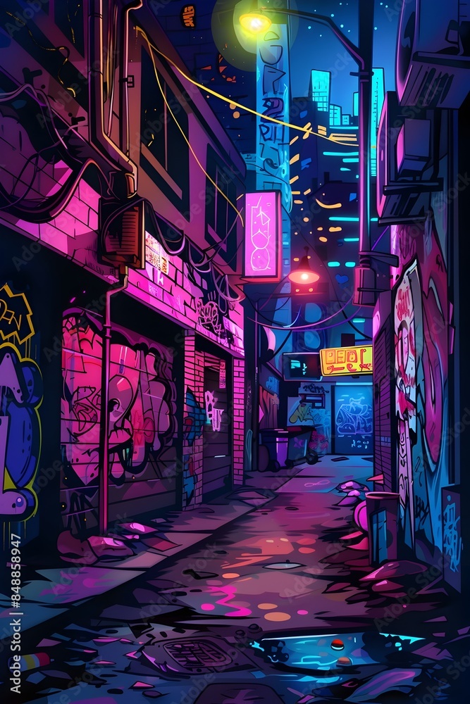 Obraz premium Dystopian Neon Lit Alleyway with Graffiti and Decaying Urban Landscape