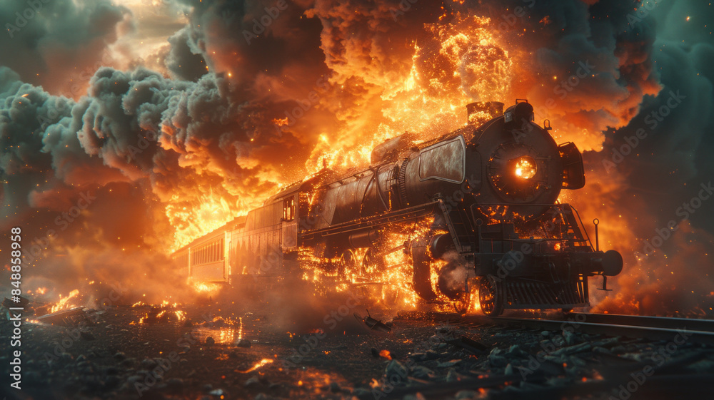 a huge freight train wreck with fire.generative ai a huge freight train wreck with fire.generative ai