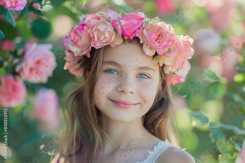 A young girl wearing a pink flower headband and holding a bouquet of pink roses