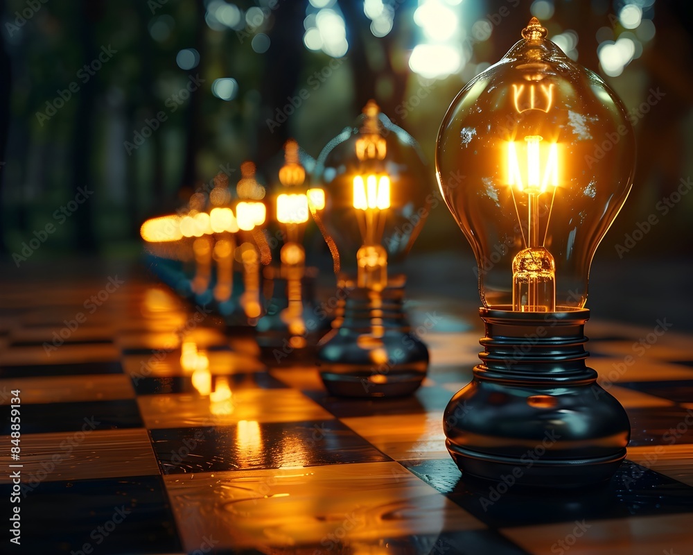 Chessboard with Glowing Lightbulbs Symbolizing Strategic Thinking and Ideas Chessboard with Glowing Lightbulbs Symbolizing Strategic Thinking and Ideas