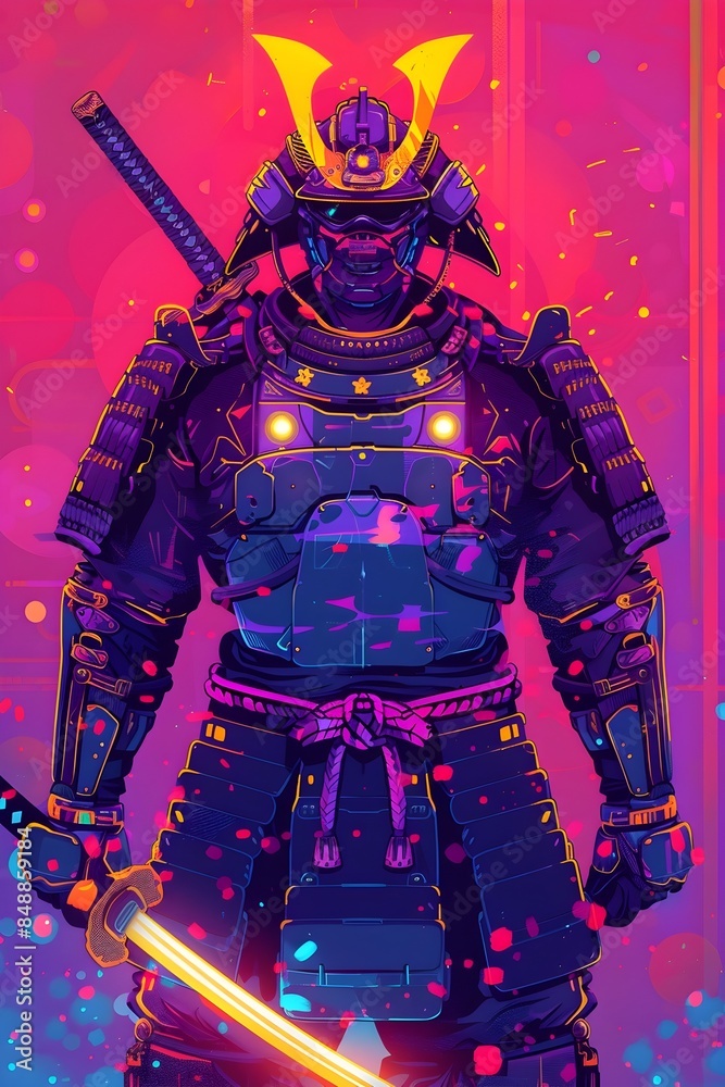 Fearsome Futuristic Samurai Warrior Wielding Glowing Katana Sword in Ornate Mecha Inspired Armor Fearsome Futuristic Samurai Warrior Wielding Glowing Katana Sword in Ornate Mecha Inspired Armor