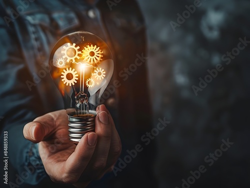 Holding a Lightbulb with Gears Inside   Symbolizing a Well Thought Out Idea or Concept photo