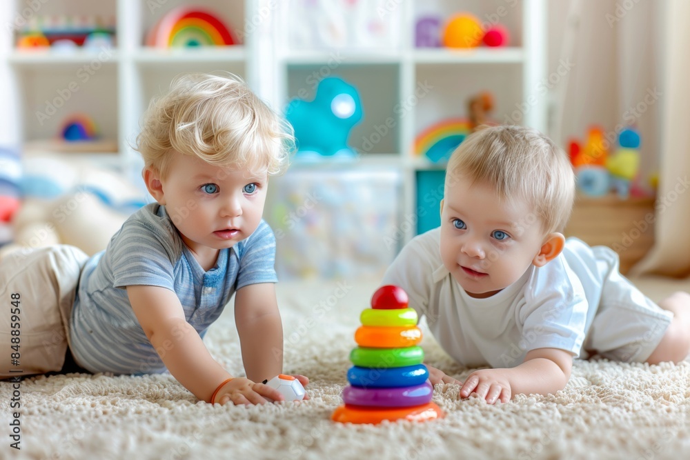 Two babies are playing with a stack of blocks Two babies are playing with a stack of blocks