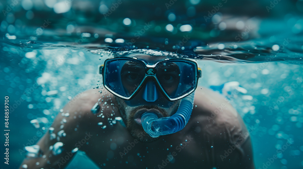 Naklejka premium Underwater Snorkeling Adventure. A close-up underwater shot of a snorkeler wearing a yellow diving mask and snorkel.