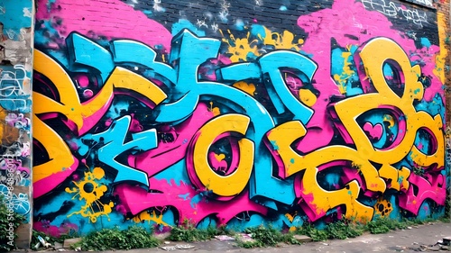 A bold graffiti art piece on an urban wall, featuring a mix of bright colors and sharp contrasts. 2