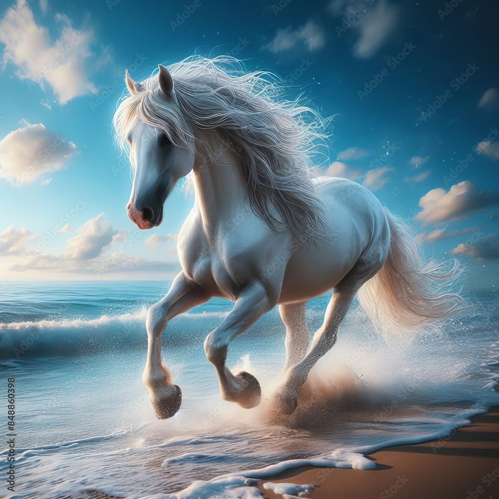 Stunning image of a white horse galloping through the shallow waves on a beach at sunrise. The dynamic movement and the horse's flowing mane create a sense of freedom and power, set against a vibrant Stunning image of a white horse galloping through the shallow waves on a beach at sunrise. The dynamic movement and the horse's flowing mane create a sense of freedom and power, set against a vibrant