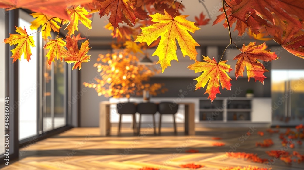 Orange yellow and red fall leaves, tree branch over interior design ...